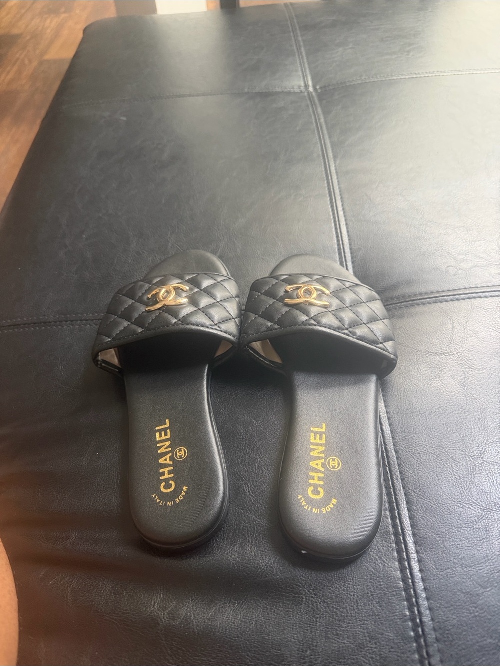 Black Quilted Slide Sandals with Gold CC Emblem